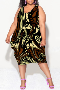 Dark Brown Casual Geometric Print Camouflage Print Contrast V Neck Lantern Skirt Plus Size Dresses