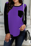 Red Casual Pocket Patchwork Contrast O Neck T-Shirts
