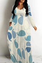 Apricot Casual Print Patchwork O Neck Long Dresses