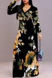 Black Purple Elegant Butterfly Lace Up Contrast V Neck Printed Dresses