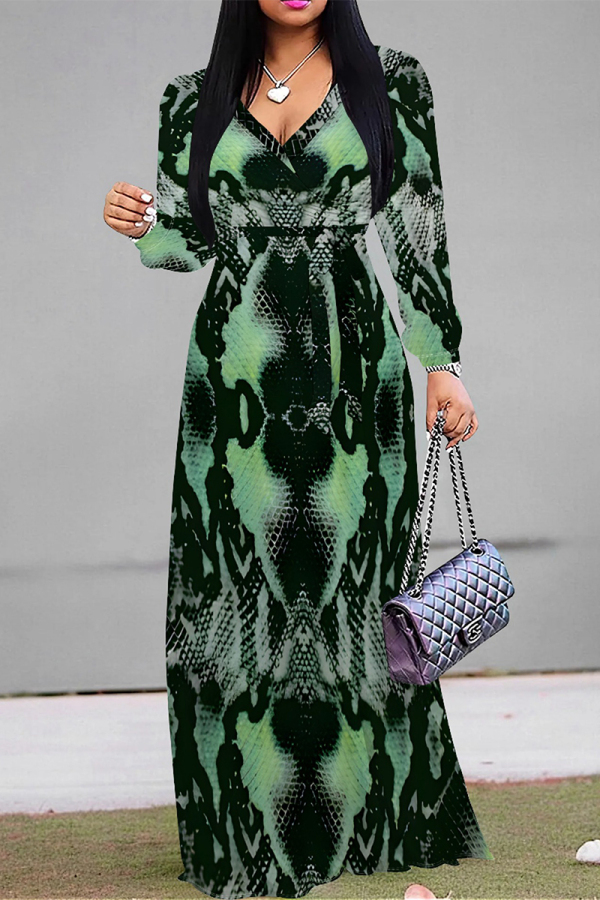 Snake Print Elegant Geometric Print Lace Up Contrast V Neck Printed Dresses