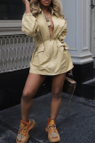 Khaki Sexy Solid Color Pocket Patchwork Zipper Zipper Collar Wrapped Skirt Dresses