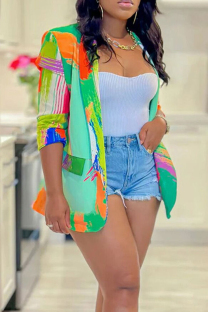 Green Casual Print Patchwork Turn-back Collar Outerwear