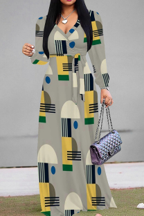 Grey Casual Print Patchwork Strap Design V Neck Long Dresses