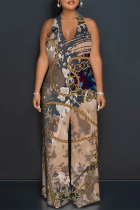 Camel Casual Gradient Chain print Lace Up Backless Contrast Halter Loose Jumpsuits