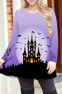 Light Purple Casual Print Patchwork O Neck T-Shirts