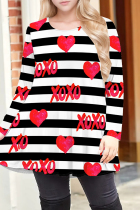 Black White Red Casual Print Patchwork O Neck T-Shirts