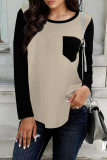Red Casual Pocket Patchwork Contrast O Neck T-Shirts