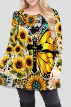 Black Yellow Casual Print Patchwork O Neck T-Shirts