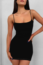 Black Sexy Solid Color Patchwork Backless Spaghetti Strap Sling Dresses