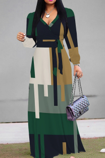 Black Green Casual Print Patchwork Strap Design V Neck Long Dresses