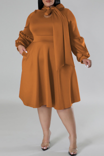 Caramel Colour Elegant Solid Color Patchwork Strap Design Asymmetrical Collar A Line Plus Size Dresses