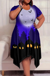 Dark Blue Elegant Print Patchwork O Neck Irregular Plus Size Dresses