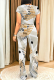 Blue Casual Geometric Print Pocket Contrast O Neck Short Sleeve Two Pieces