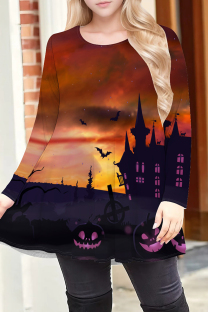 Orange Yellow Casual Print Patchwork O Neck T-Shirts