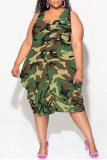 Green Casual Floral Print Camouflage Print Contrast V Neck Lantern Skirt Plus Size Dresses