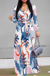 Blue White Elegant Geometric Print Lace Up Contrast V Neck Printed Dresses