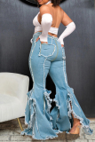 Light Blue Street Solid Color Pocket Buttons Patchwork Slit Zipper High Waist Boot Cut Denim Jeans