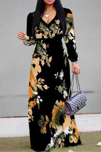 Black Elegant Butterfly Lace Up Contrast V Neck Printed Dresses