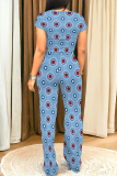 Blue Casual Geometric Print Pocket Contrast O Neck Short Sleeve Two Pieces