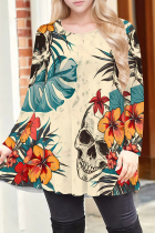 Apricot Casual Print Patchwork O Neck T-Shirts