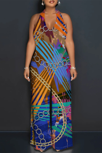 Brown Casual Gradient Chain print Lace Up Backless Contrast Halter Loose Jumpsuits