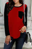 Red Casual Pocket Patchwork Contrast O Neck T-Shirts