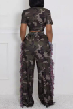 Camouflage Casual Camouflage Print Fringed Trim Draw String Pocket Patchwork V Neck Short Sleeve Two Pieces