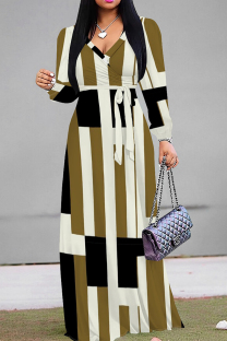 Brownness Casual Print Patchwork Strap Design V Neck Long Dresses