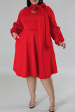 Red Elegant Solid Color Patchwork Strap Design Asymmetrical Collar A Line Plus Size Dresses