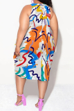 Green Casual Floral Print Camouflage Print Contrast V Neck Lantern Skirt Plus Size Dresses