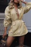 Khaki Sexy Solid Color Pocket Patchwork Zipper Zipper Collar Wrapped Skirt Dresses