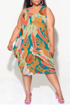 Green Casual Floral Print Camouflage Print Contrast V Neck Lantern Skirt Plus Size Dresses