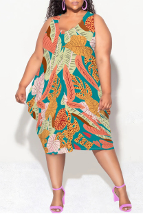 Green Casual Floral Print Camouflage Print Contrast V Neck Lantern Skirt Plus Size Dresses