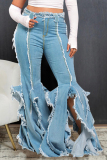 Light Blue Street Solid Color Pocket Buttons Patchwork Slit Zipper High Waist Boot Cut Denim Jeans