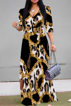 Black Gold Elegant Leopard Print Zebra Print Chain print Pocket Lace Up V Neck Printed Dresses(There are pockets)