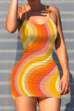 Multicolor Sexy Print Patchwork Backless Spaghetti Strap Sling Dresses