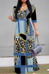 The cowboy blue Elegant Leopard Print Zebra Print Chain print Pocket Lace Up V Neck Printed Dresses(There are pockets)