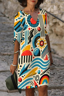 Baby Blue Casual Poker Letter Print Contrast V Neck A Line Dresses
