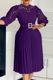 Dark Green Elegant Solid Color Hollow Out Patchwork With Belt Zipper O Neck A Line Dresses