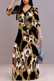 Black And White Elegant Leopard Print Zebra Print Chain print Pocket Lace Up V Neck Printed Dresses(There are pockets)