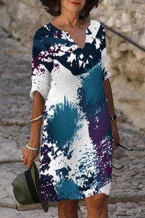 Blue Purple Casual Geometric Print Contrast V Neck Printed Dresses