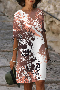 Brown Casual Geometric Print Contrast V Neck Printed Dresses