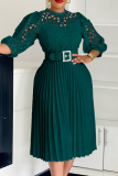 Dark Green Elegant Solid Color Hollow Out Patchwork With Belt Zipper O Neck A Line Dresses