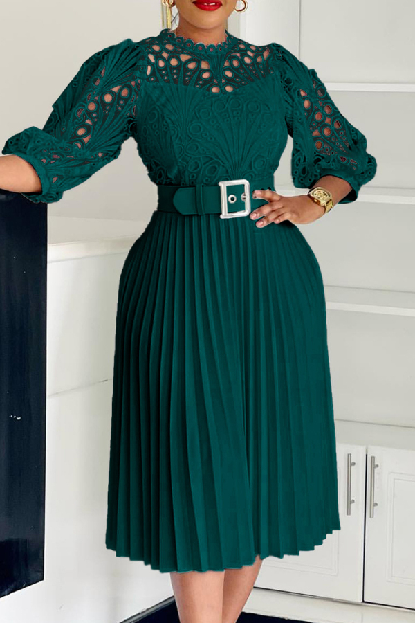 Dark Green Elegant Solid Color Hollow Out Patchwork With Belt Zipper O Neck A Line Dresses
