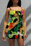 Beige Sexy Leopard Print Floral Print Contrast U Neck Printed Dresses