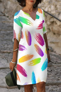 White Casual Geometric Print Contrast V Neck Printed Dresses
