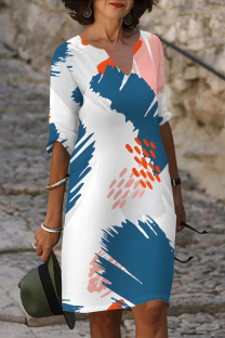 Blue Casual Geometric Print Contrast V Neck Printed Dresses