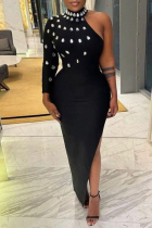 Black Elegant Solid Color Patchwork High Slit Hot Drill Zipper Turtleneck Long Dresses