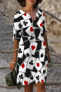 Black And White Casual Poker Letter Print Contrast V Neck A Line Dresses